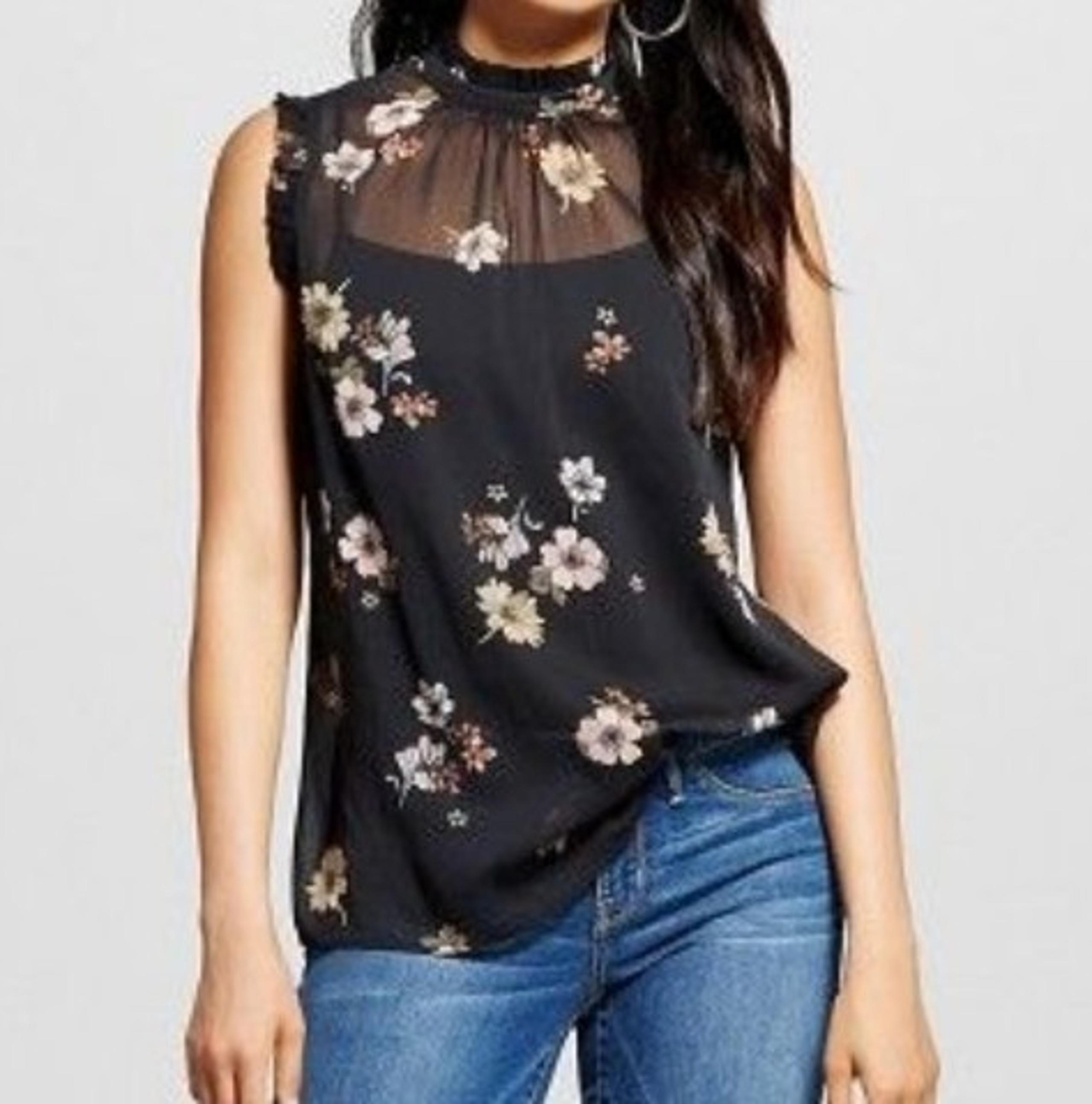 Who What Wear Sleeveless Sheer Ruffles Neck Floral Shell Women's Size Large
