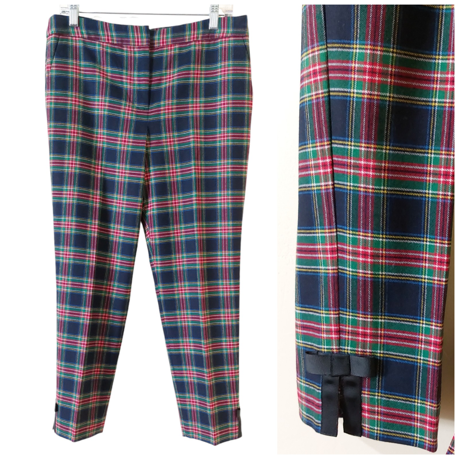 Talbots Petites Tartan Plaid Navy Blue Green & Red Holiday Ankle Pants with Bows