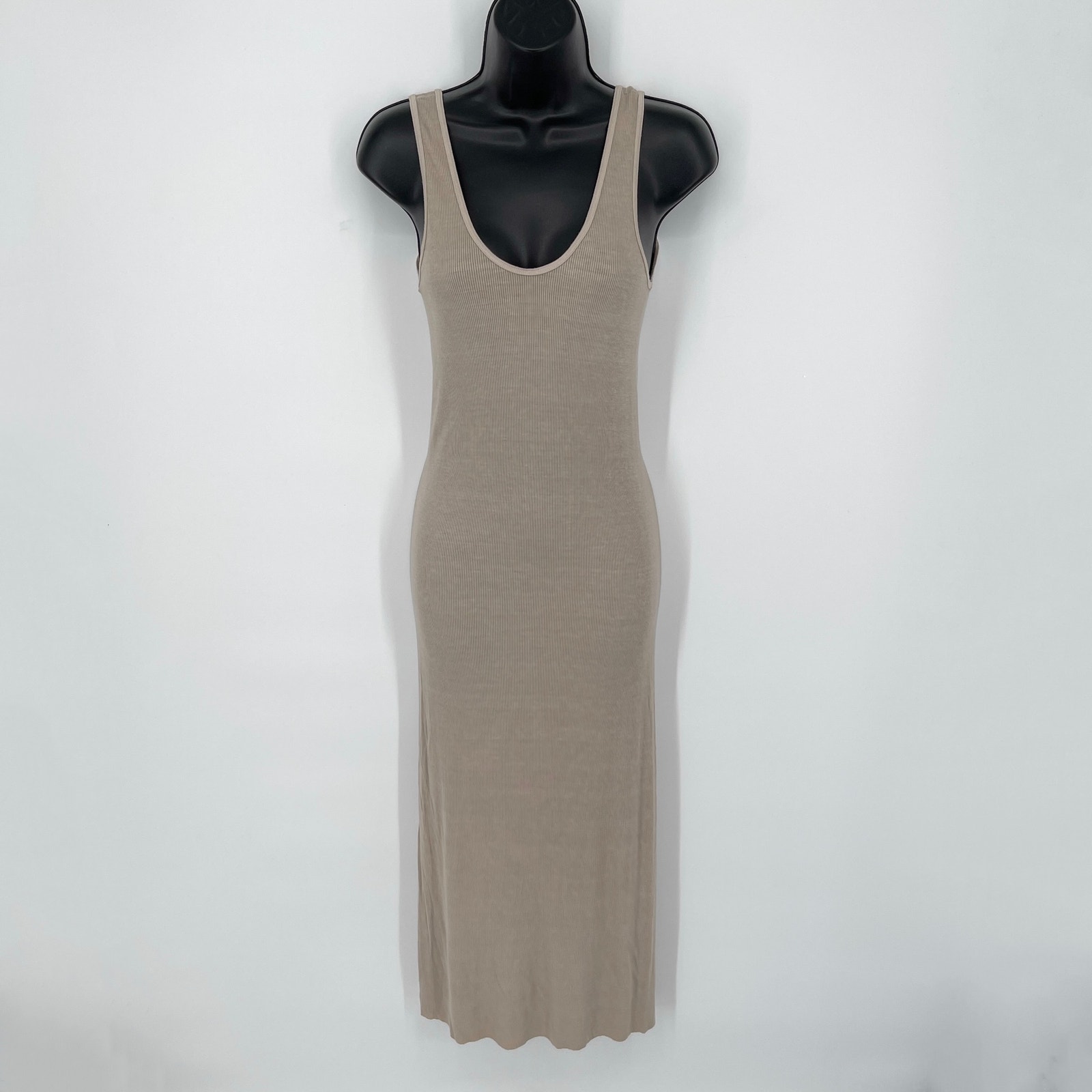 Enza Costa Women's Silk Rib Knit Tank Midi Dress *SAMPLE* U-Neckline NEW M Stone