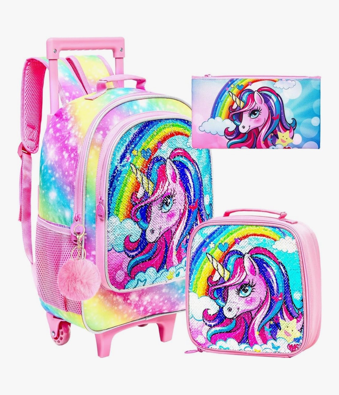 3Pcs Rolling Backpack For Girls, Kids Unicorn Roller Bookbag With Wheels,