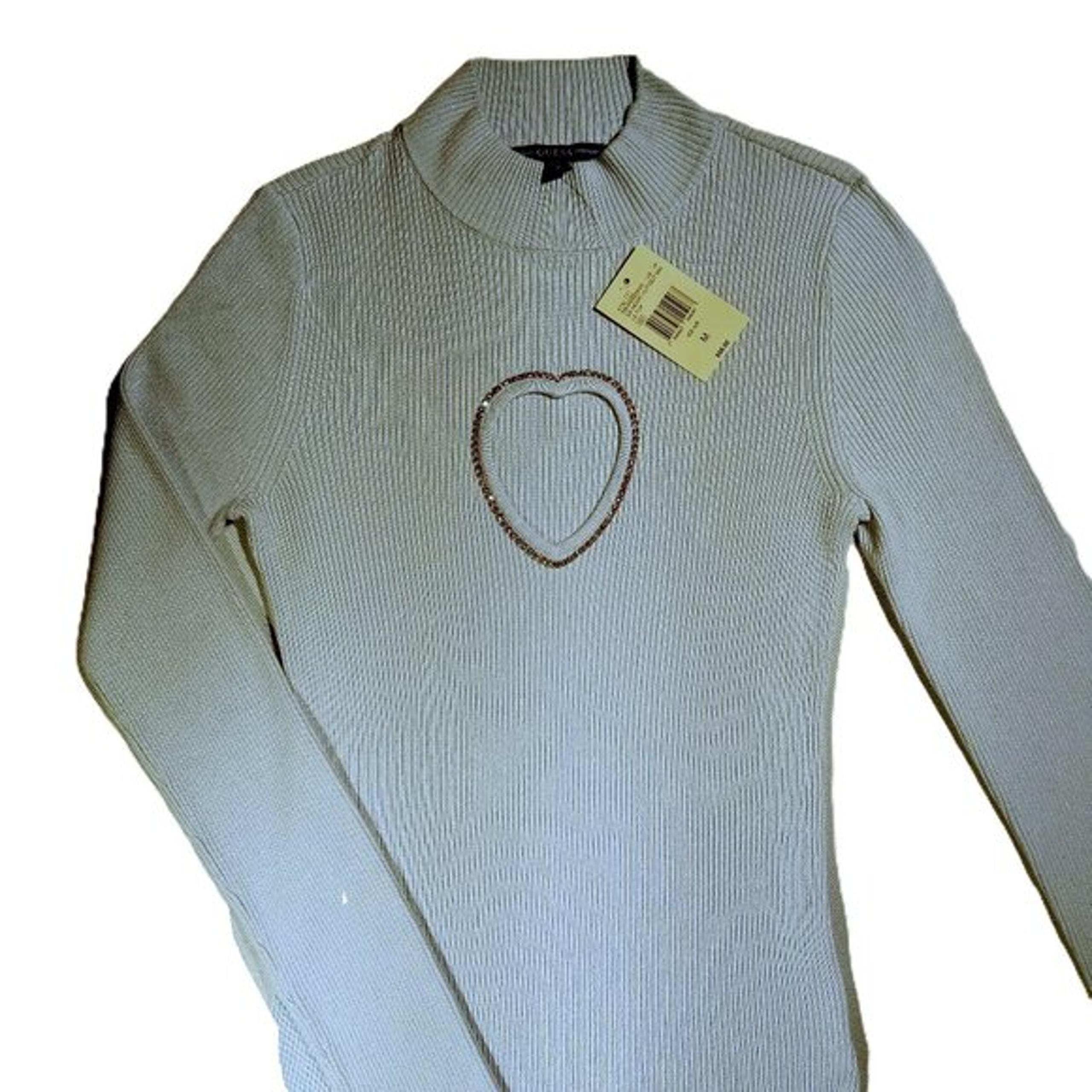 GUESS Sweater/Top sz Med Heart Cut-Out Faux Gem Rhinestone Ice Blue MIA NWT