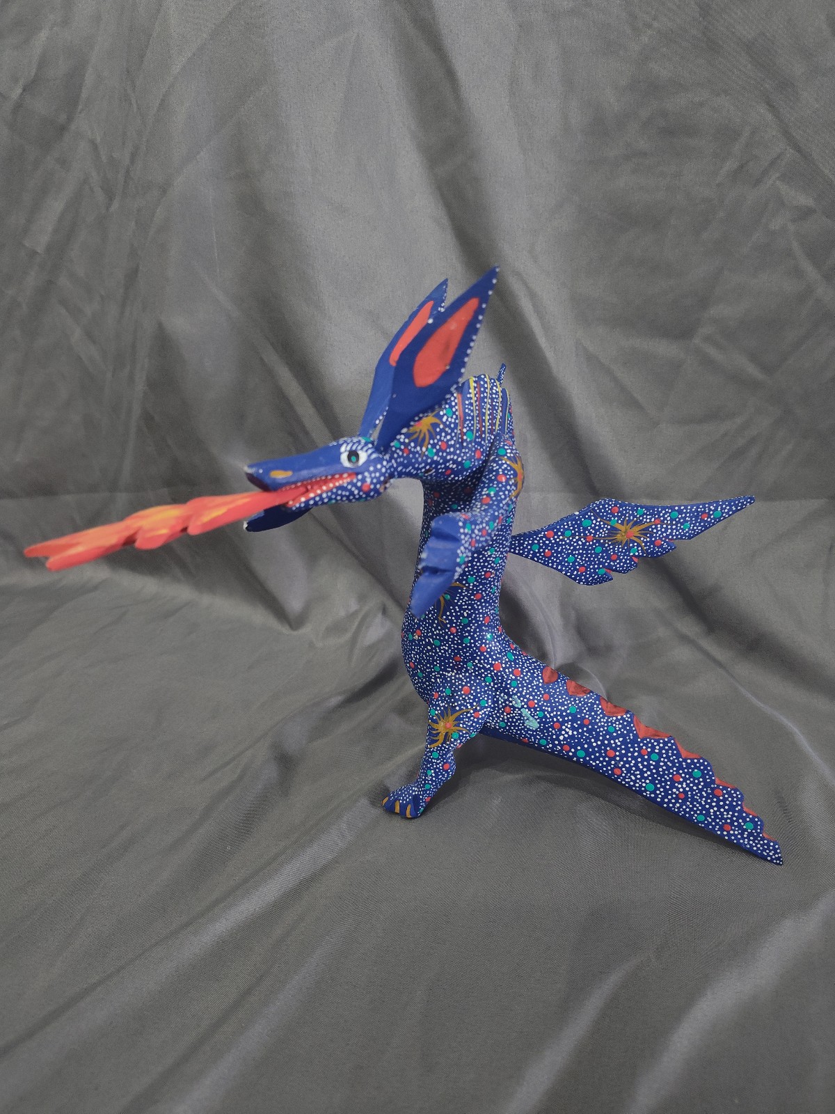 Oaxacan hand carved wood Mexican folk art blue dragon signed Candido Perez V.