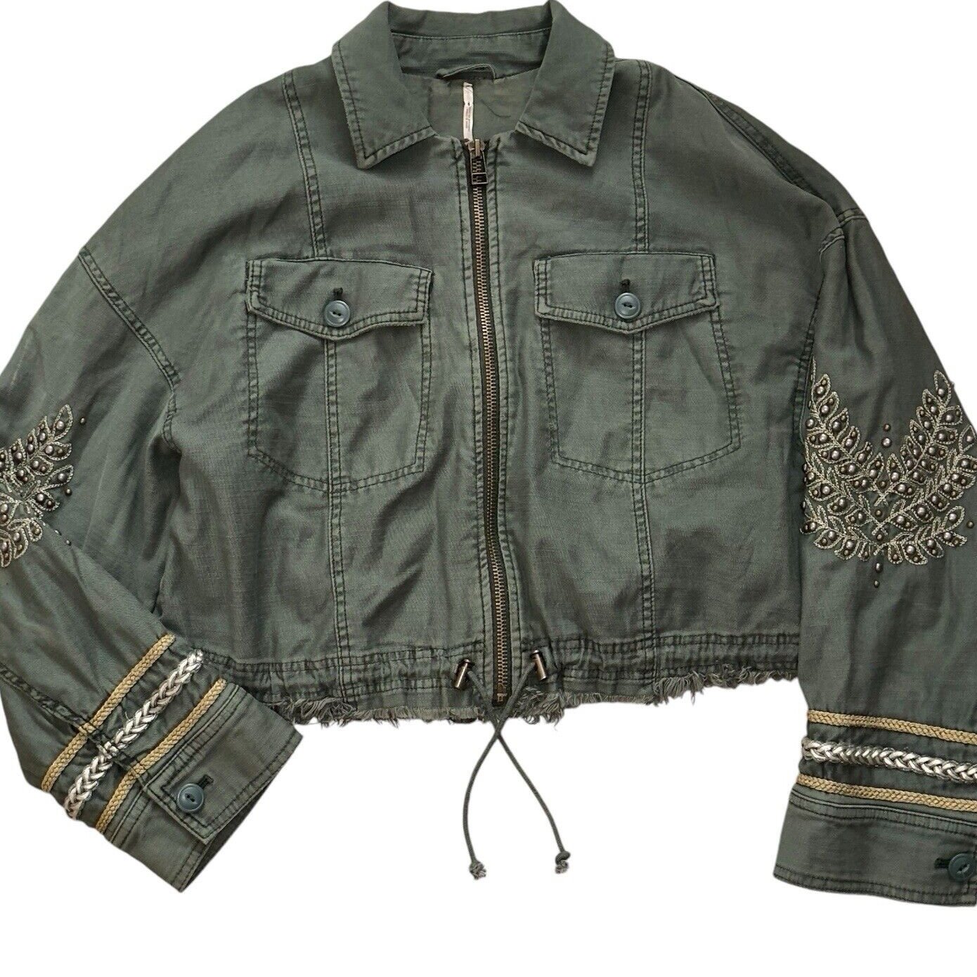 Women's Free People Cropped Army Green Embroidered Metal Stud Military Jacket S