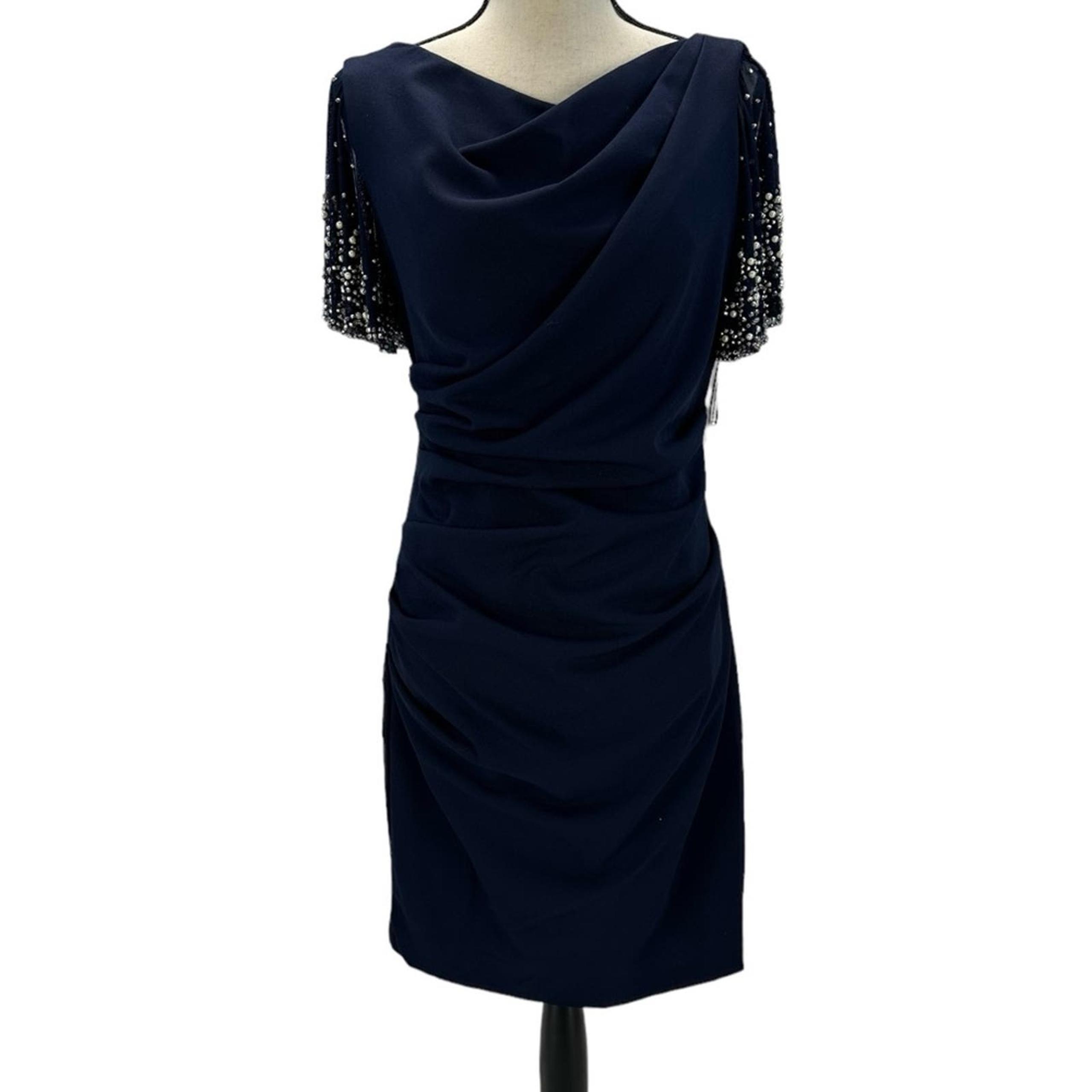 Betsy Adam Short Sheer Beaded Sleeve Side Ruched Midi Gown - Navy Blue -size 10P