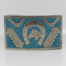 Vintage Alpaca Mexico Crushed Turquoise Inlay Horse Head Horseshoe Belt Buckle