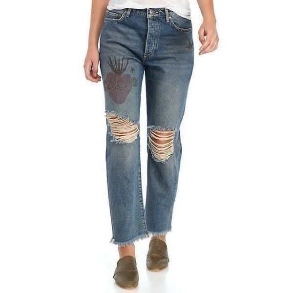 Free People Jeans Sz 26 Boyfriend Blue Tattooed Heart Distressed Crop Denim NWT