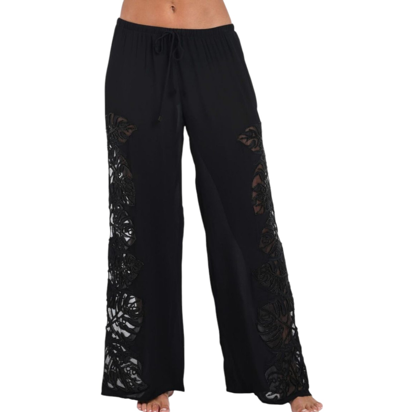 L'Agence Geraldine Monstera Cover-Up Wide Leg Pants Black Beaded Sheer S NEW