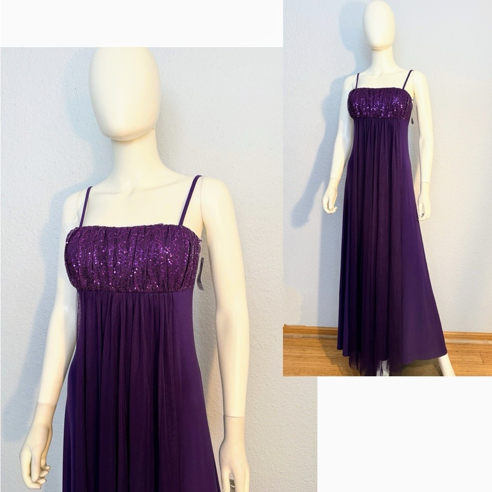 NWT Elegant A-Line Maxi Dress Spaghetti Strap Sequin Bodice Formal Gown Purple