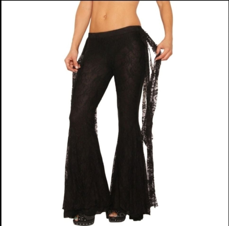 Lace Black Flare Bell Bottom Pants Fringe L/XL