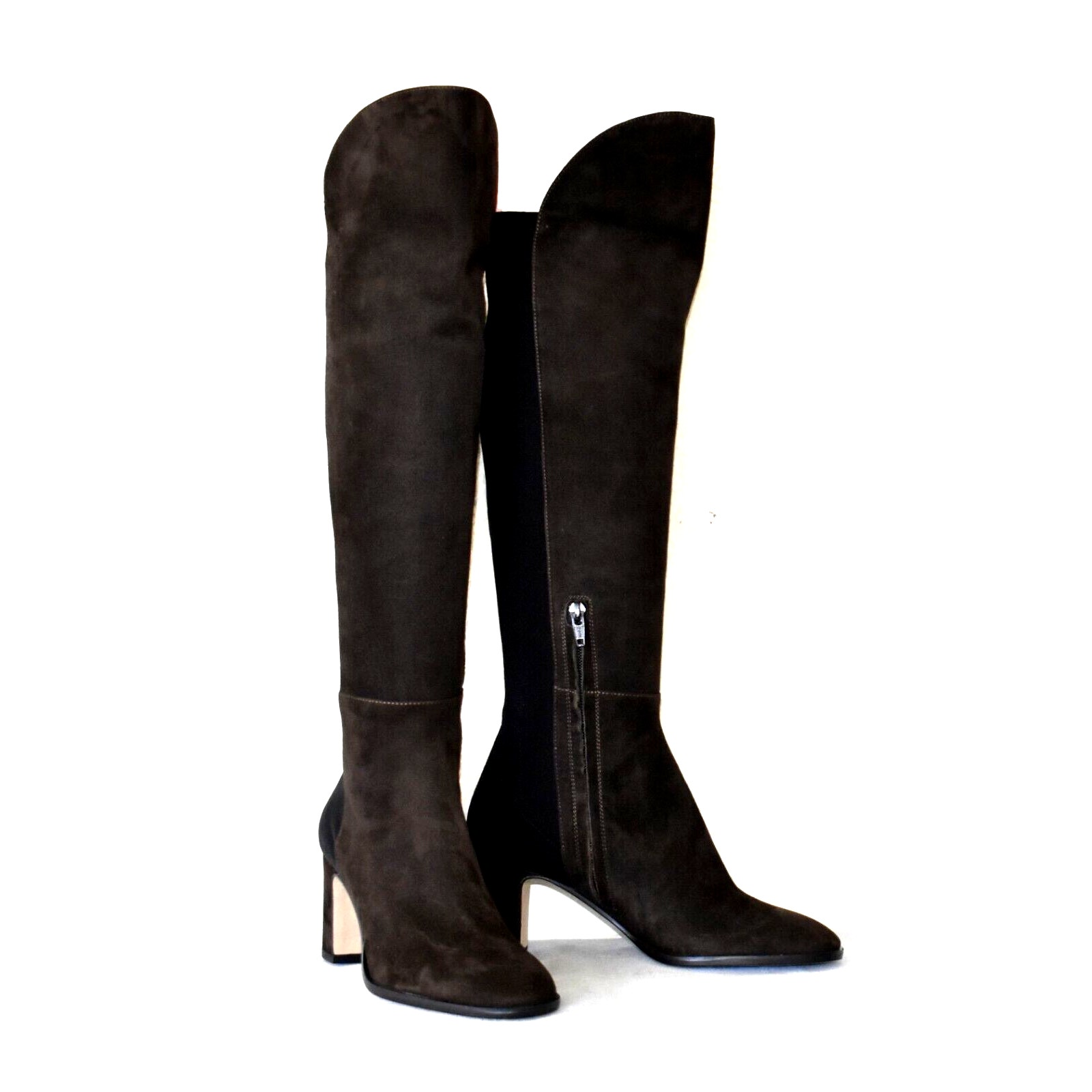 C0 NEW THEORY Brown/Black Suede Elastic Back Half Zip Knee High Boots Size 37