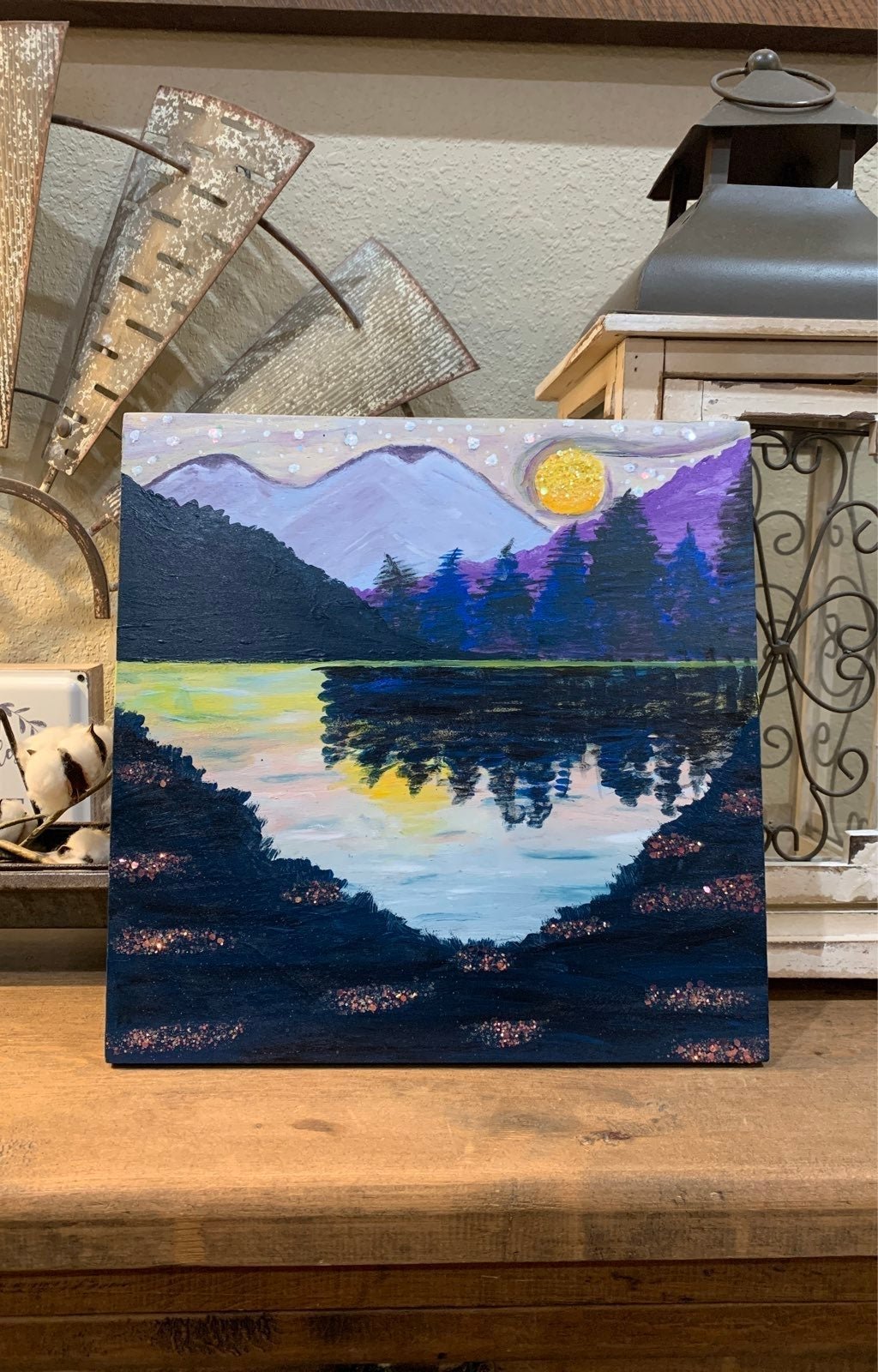 Mountain & water view sunset painting