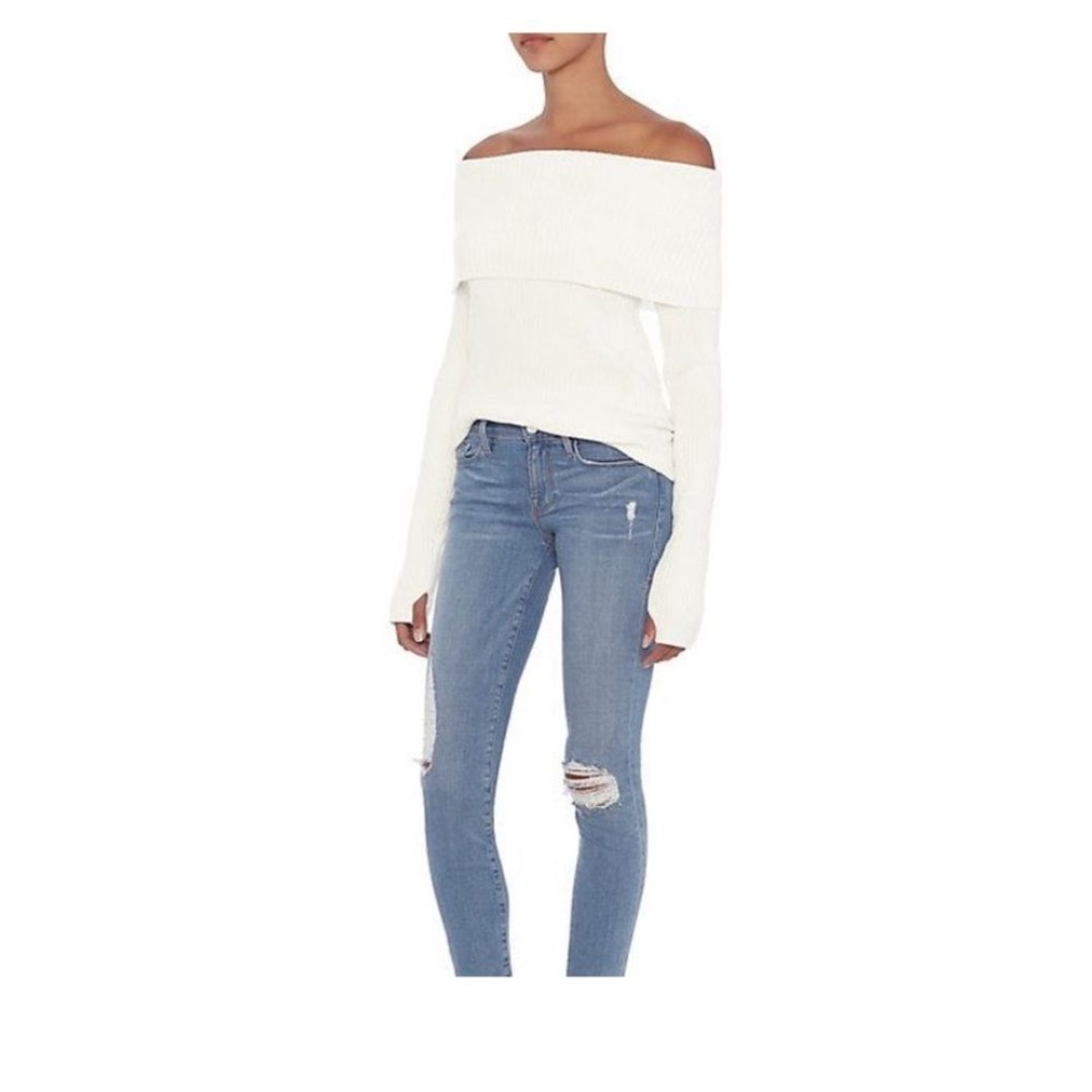 Intermix exclusive white ribbed knit cowl neck off the shoulder sweater top sz M