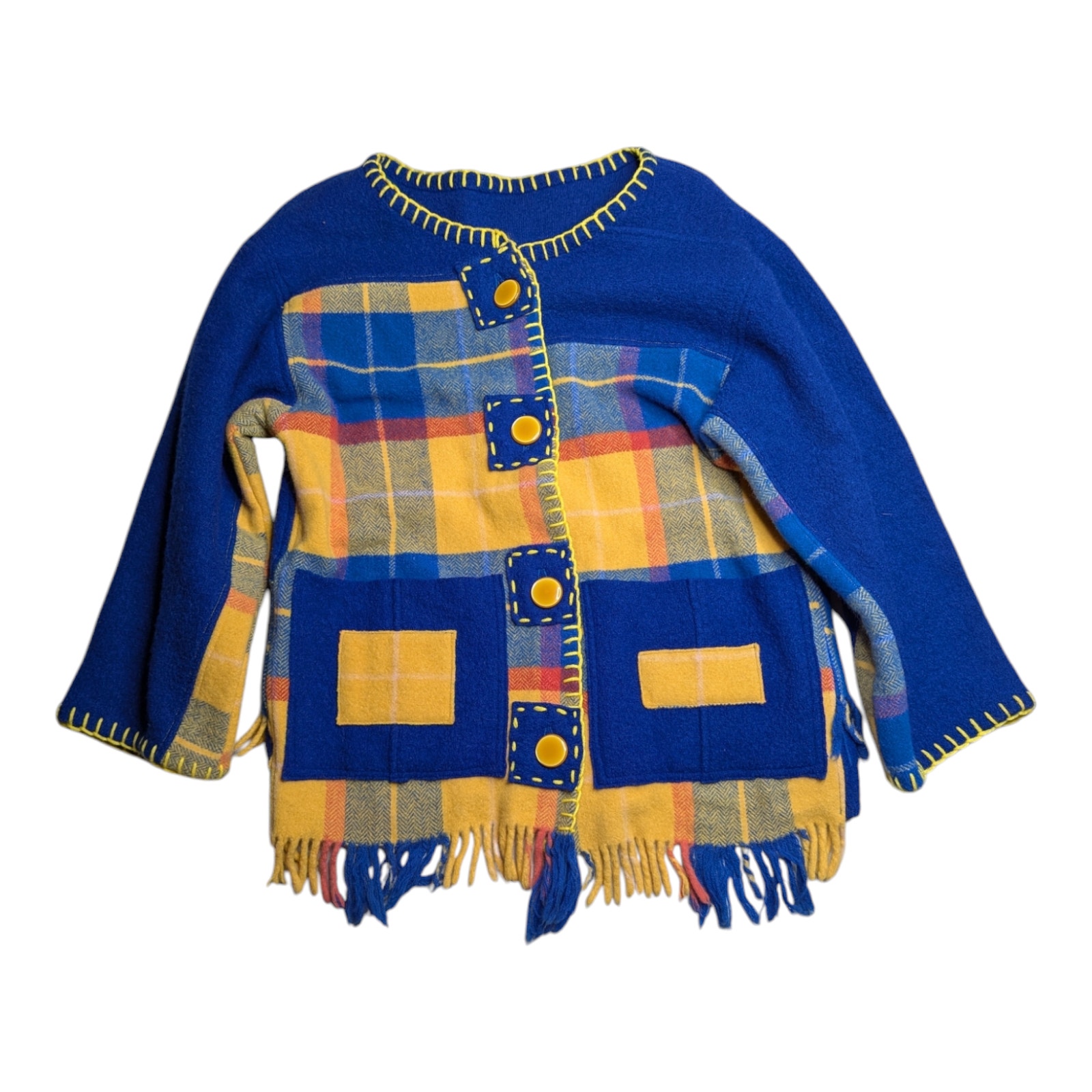 Vtg 1990s Blue Yellow Handmade Patchwork Upcycled Wool Fringe Blanket Cardigan L