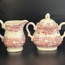 Myott Tonquin Red Pink Transferware Creamer and Sugar Bowl With lid Set