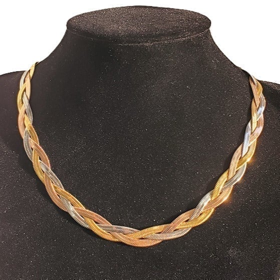 18K Yellow White & Rose Gold Twisted Herringbone Womens Necklace Silver Jewelry