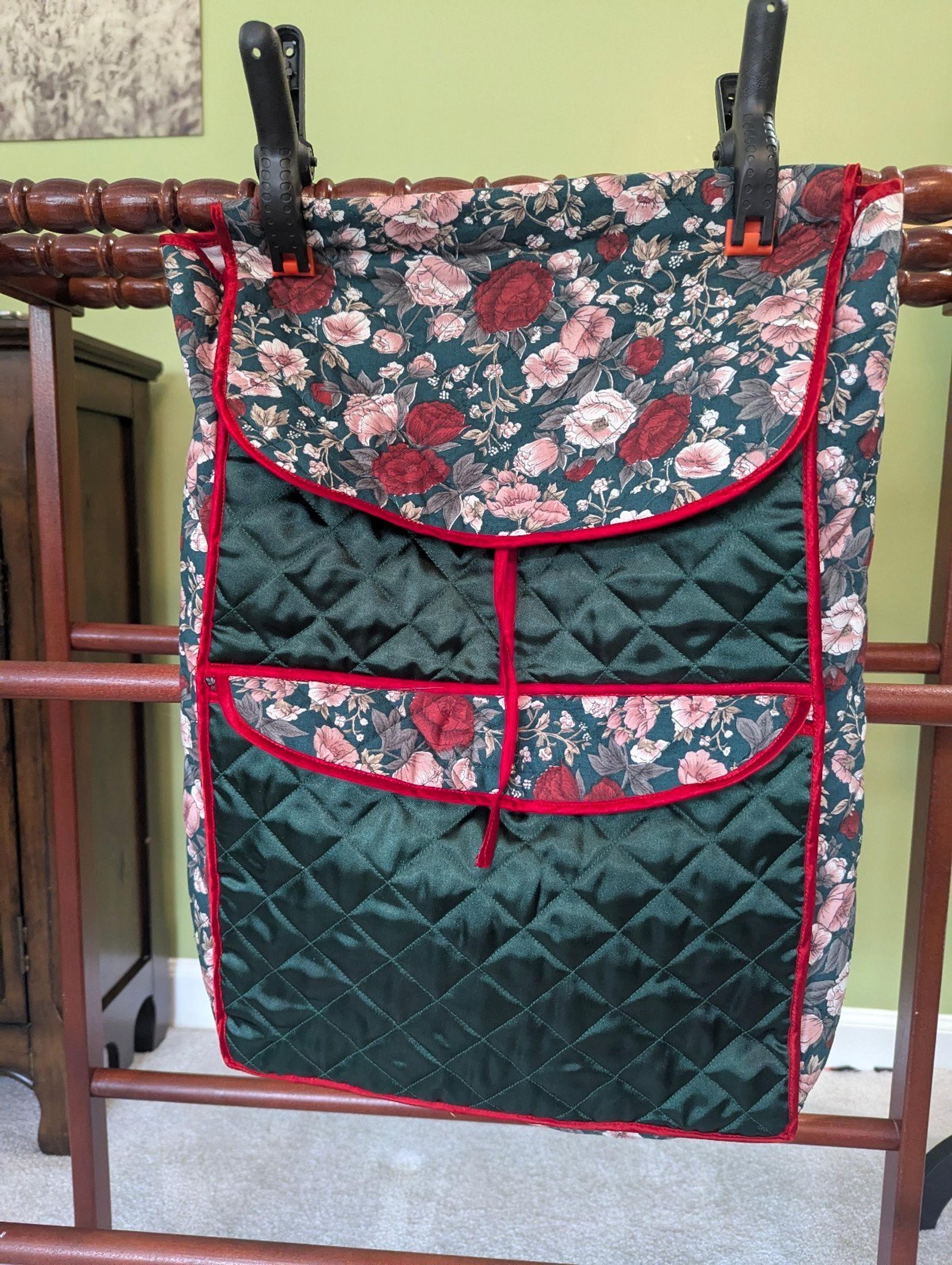 Folding Travel Bag, Toiletries Supplies, Rose Floral, Green Satin, Red Ribbon
