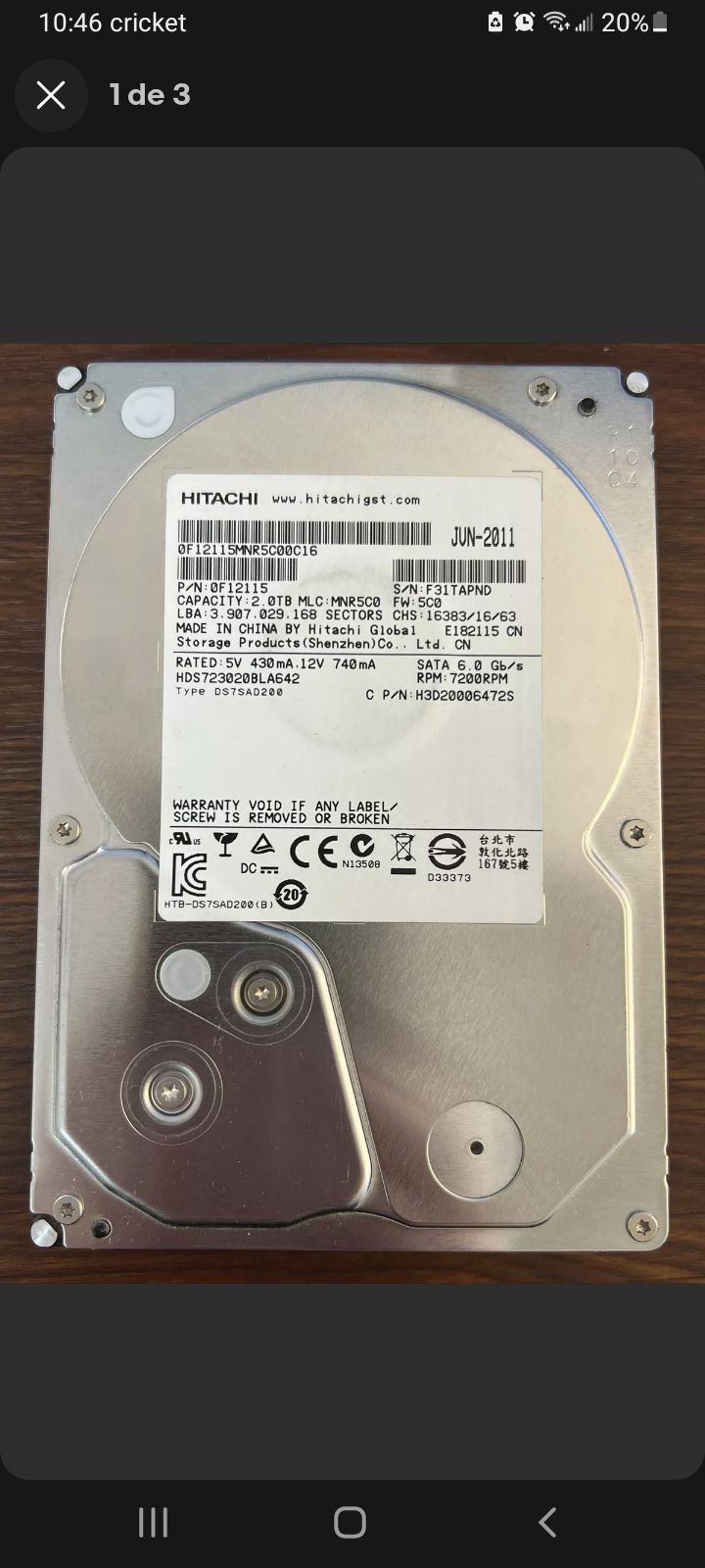 Hitachi HDS723020BLA642 2TB HDD 3.5 SATA III Desktop Hard Drive 0F12115