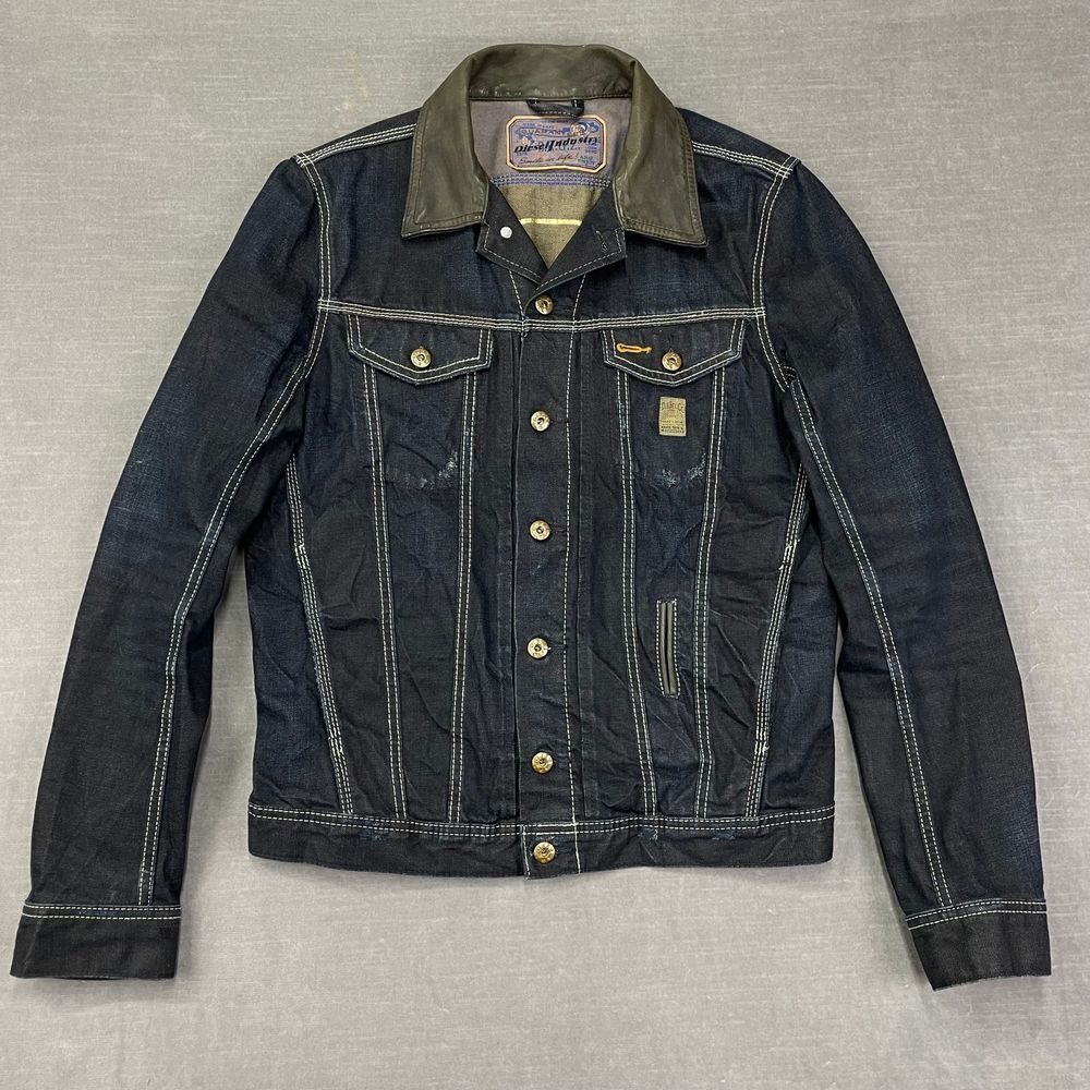DIESEL Jean Jacket Mens Large Dark Denim WORK-IN-CLASS Trucker Leather Collar