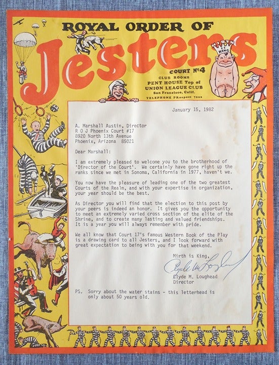 1982 Royal Order of Jesters Director's Letter San Francisco Phoenix Vintage ROJ
