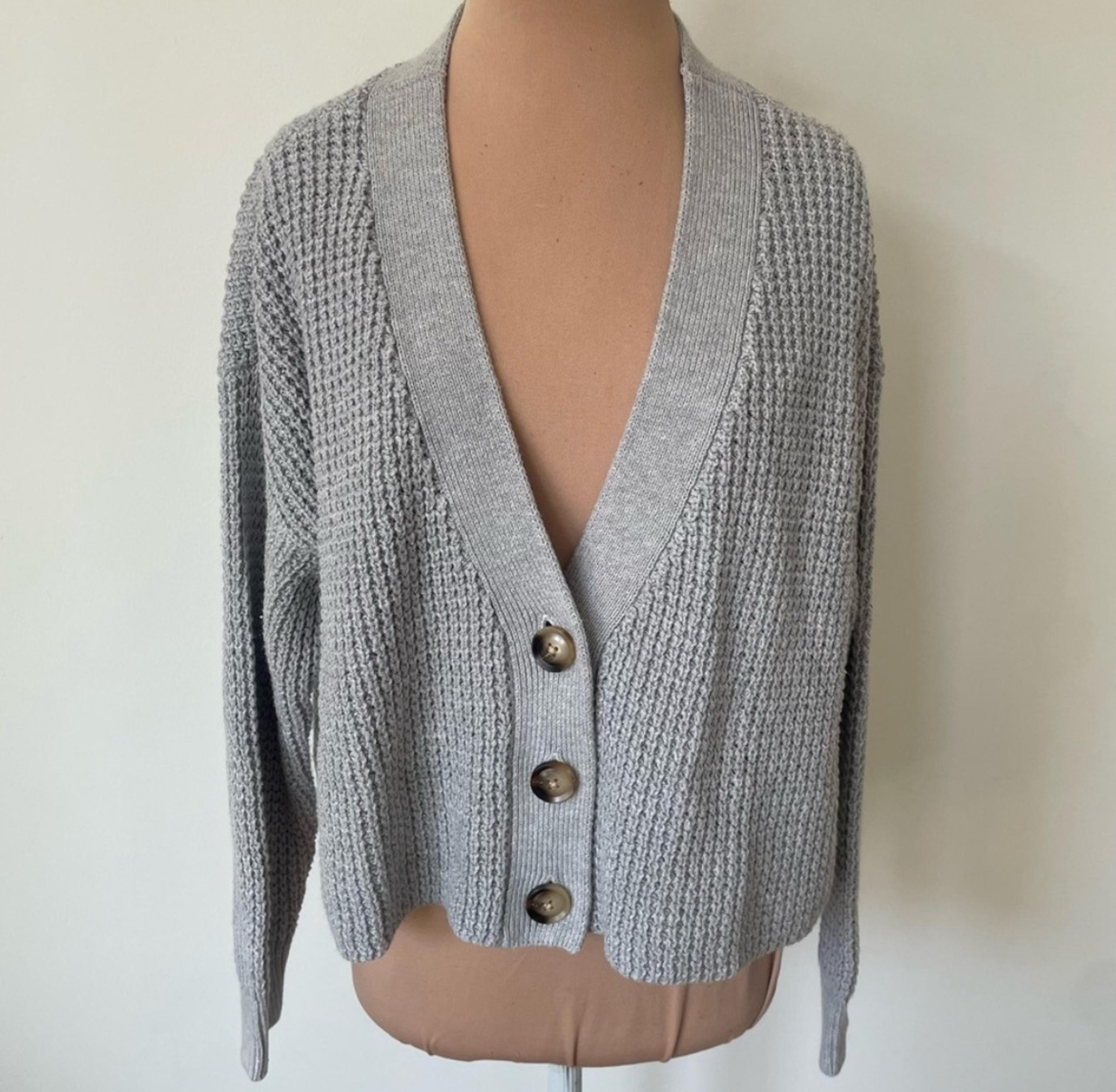 Eberjey Recycled Sweater Heather Grey Chunky Waffle Knit Cropped Cardigan EUC S