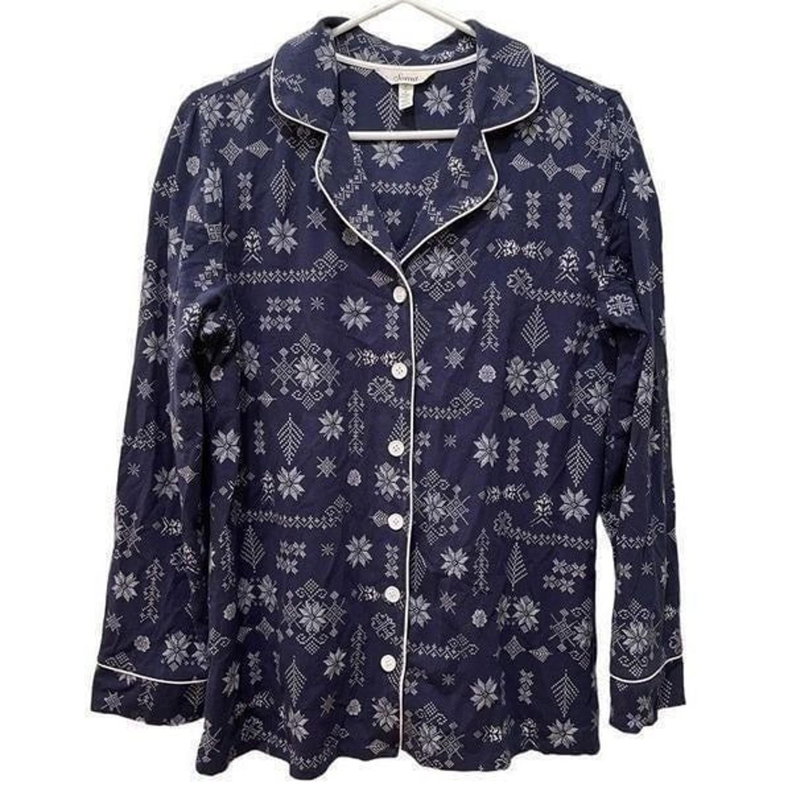 Soma Womens Sleep Shirt Pajama Top Blue Snowflake Sz M Long Sleeve Button