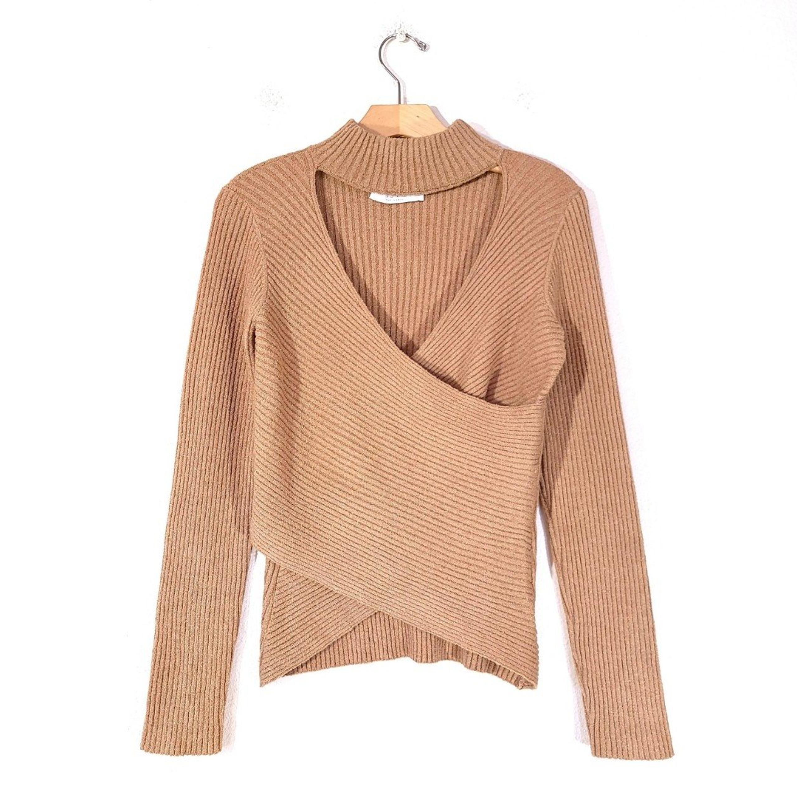 NEW Astr Mock Neck Cross Front Sweater Ribbed Knit Faux Wrap Top Tan Women Large