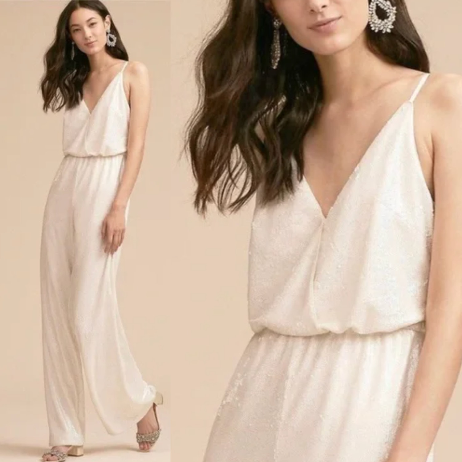 NWT BHLDN Womens US 4 Aidan Mattox La Lune Sequined Formal Jumpsuit Bridal Ivory
