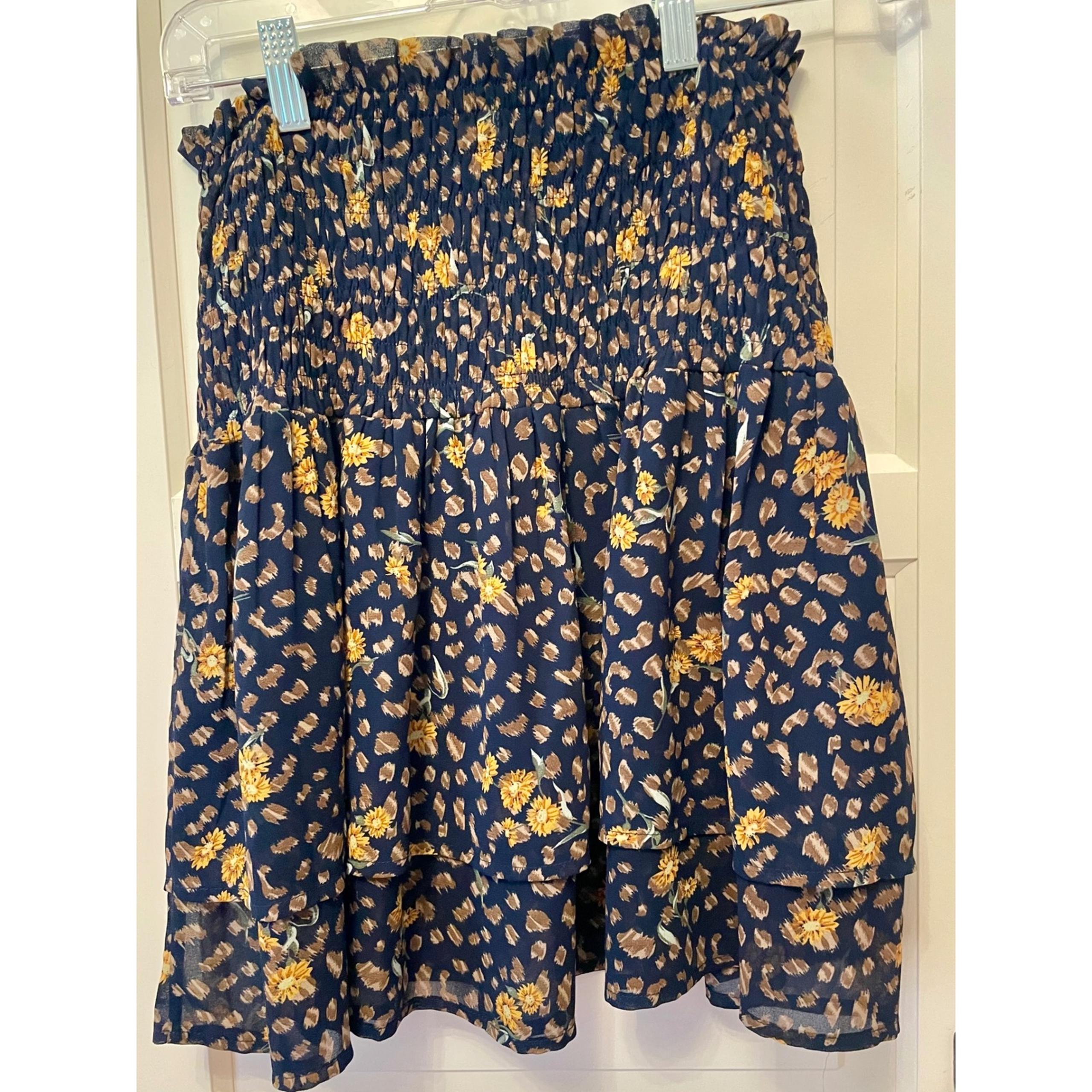 THML Sunflower Smocked Mini Skirt Tiered Ruffle Hem Floral Print Casual S