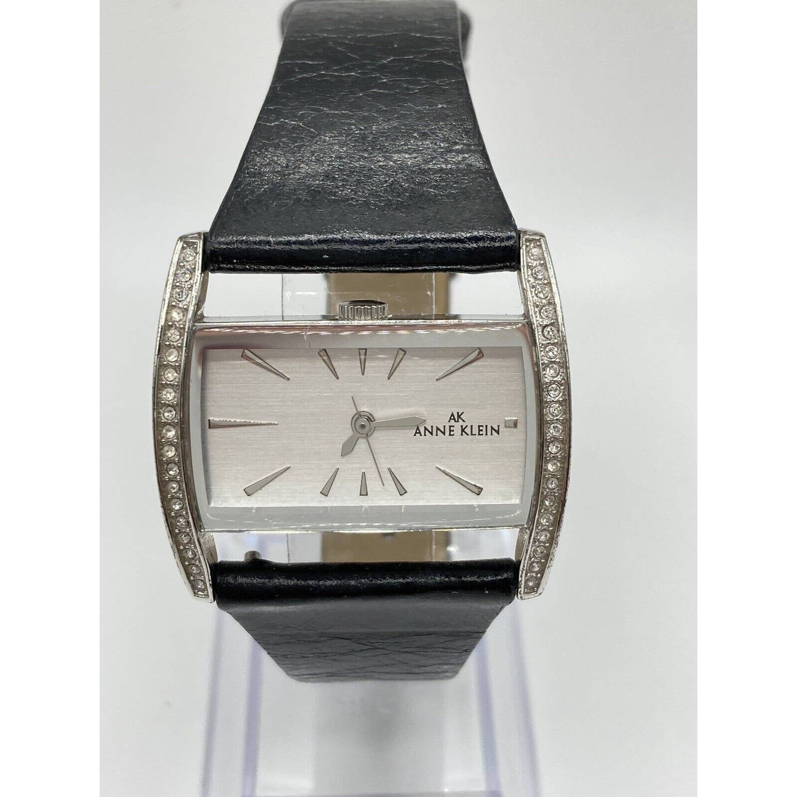 Ann Klein 753H Ladies Wide Leather Band Stainless Steel crystal Bezel Watch