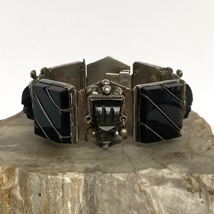 VTG Mexico Sterling Silver Obsidian Wide Mayan Aztec Warrior Face Panel Bracelet
