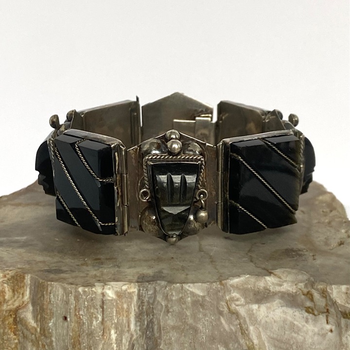 VTG Mexico Sterling Silver Obsidian Wide Mayan Aztec Warrior Face Panel Bracelet UwOMaVP3D Hot Sale