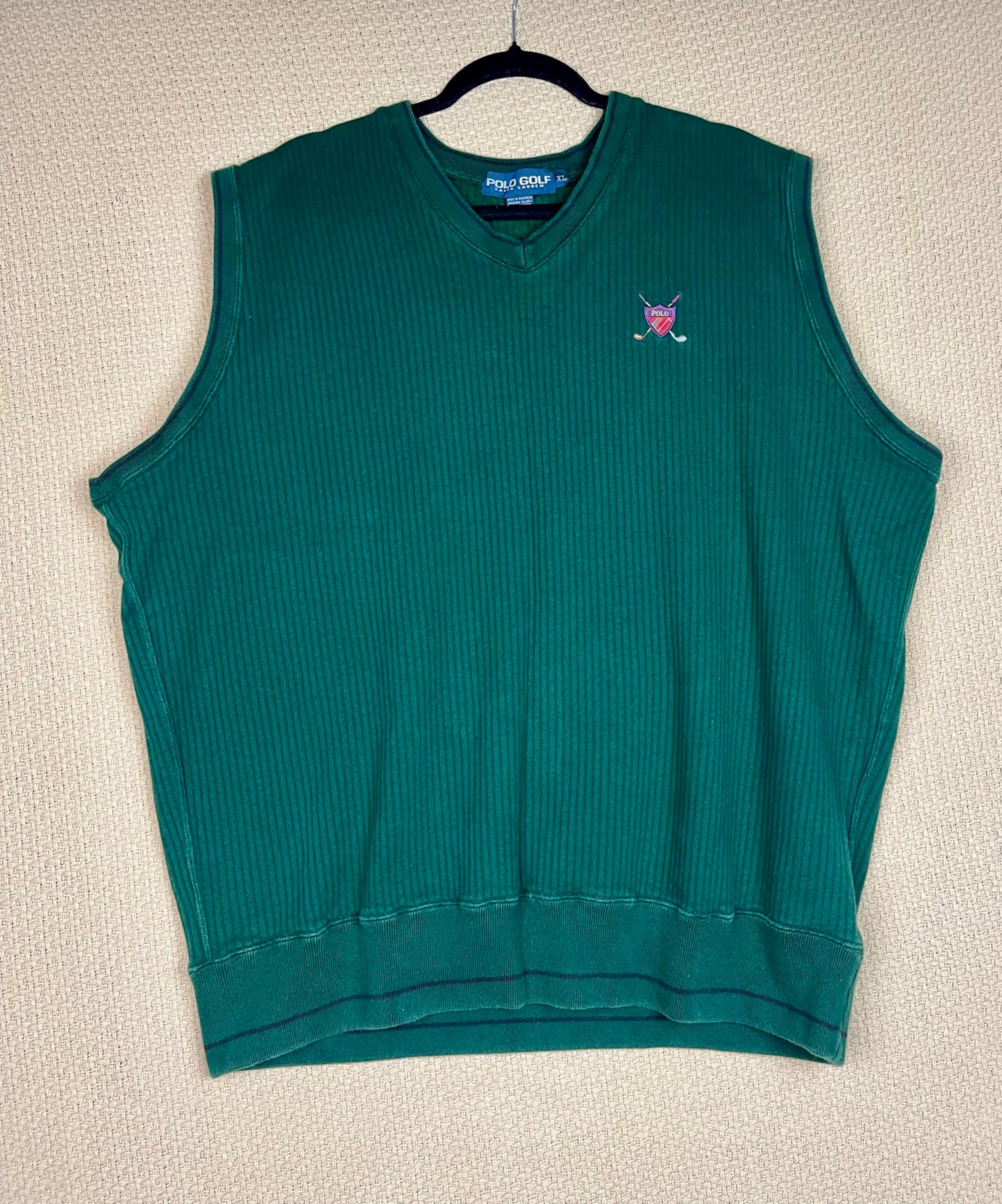 Ralph Lauren Polo Sweater Men medium Green Golf Vest wool Preppy Vintage