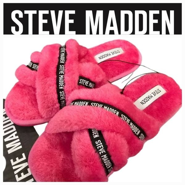 Steve Madden Logo Criss-Cross Pink Fuzzy Slippers