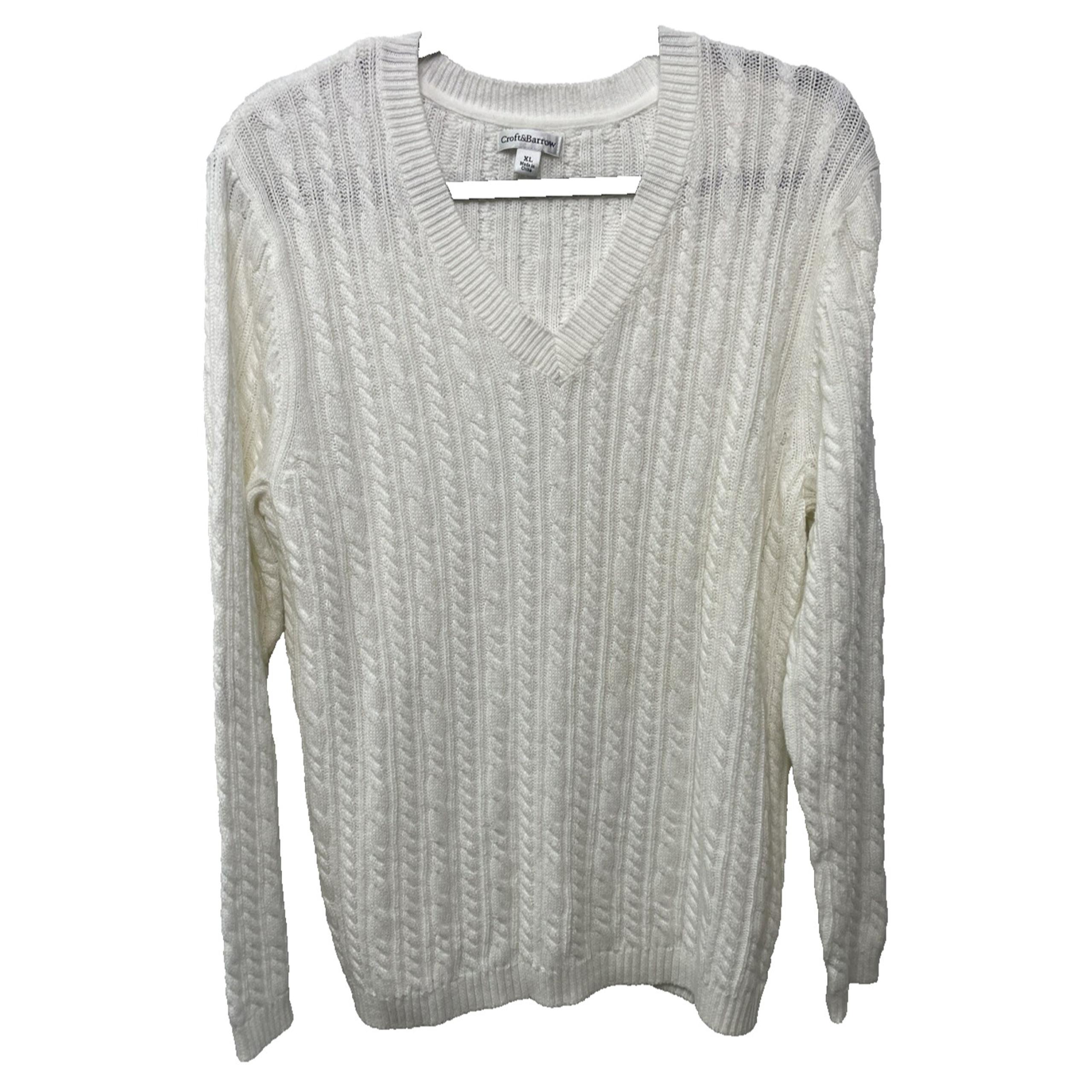 Croft Barrow Sweater White V Neck 100% Cotton Cable Knit Cozy Prep Fisherman XL