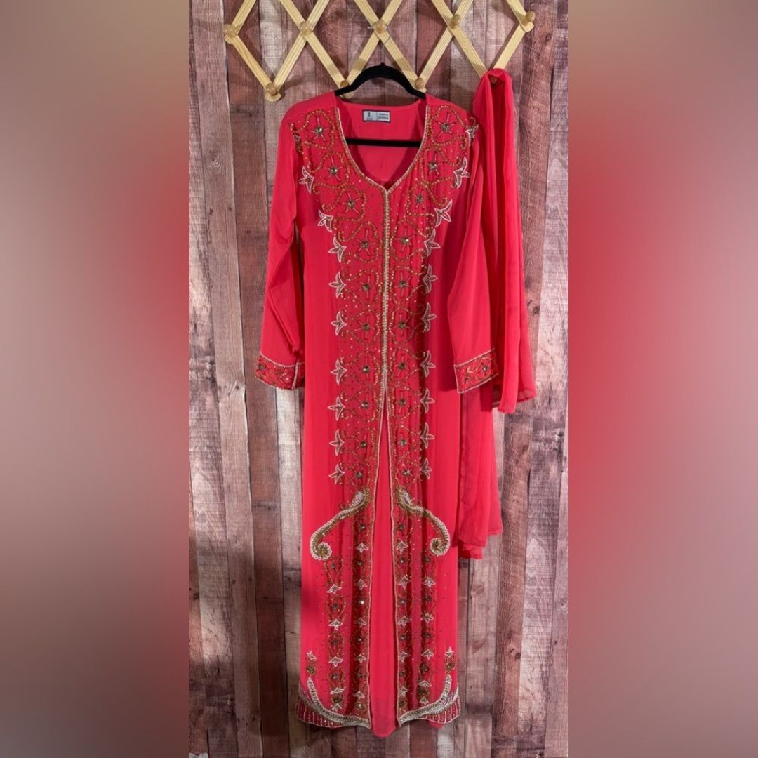 Made In India Pink Beaded Maxi Dress With Scarf Size Large