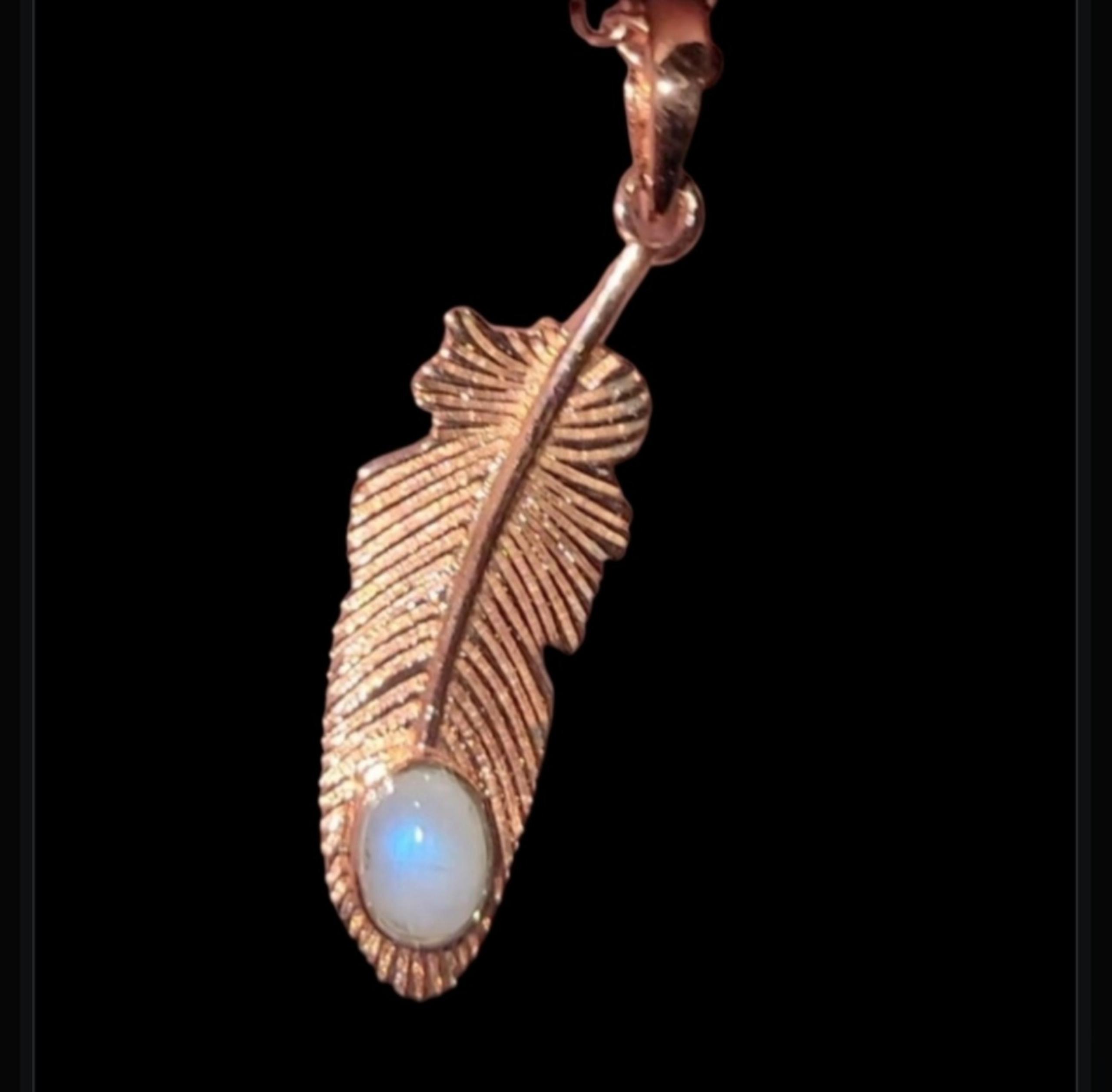 Rainbow Moonstone Copper Feather Pendant Necklace