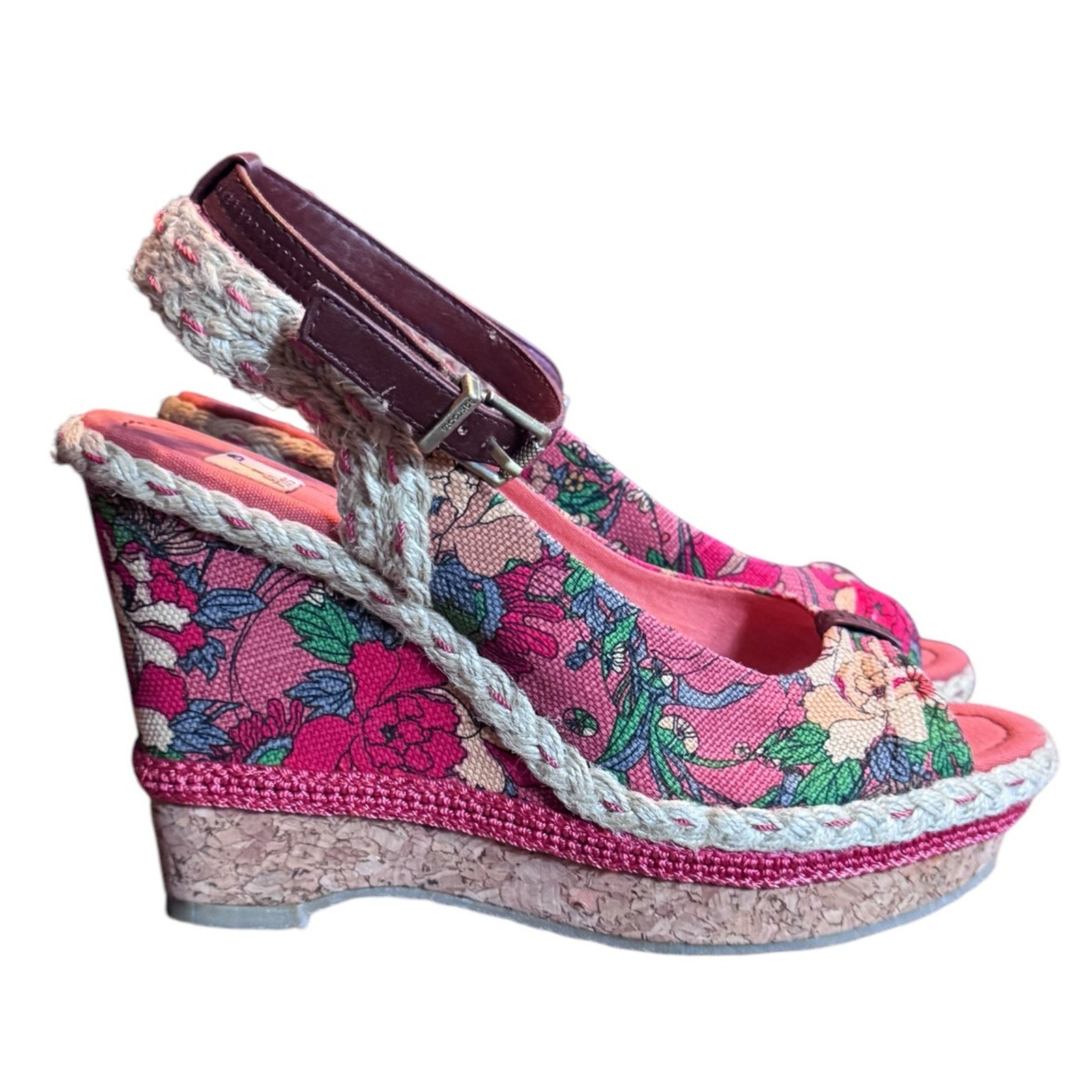 Sakroot wedge shoe floral textile 9.5 open toe ankle strap unique