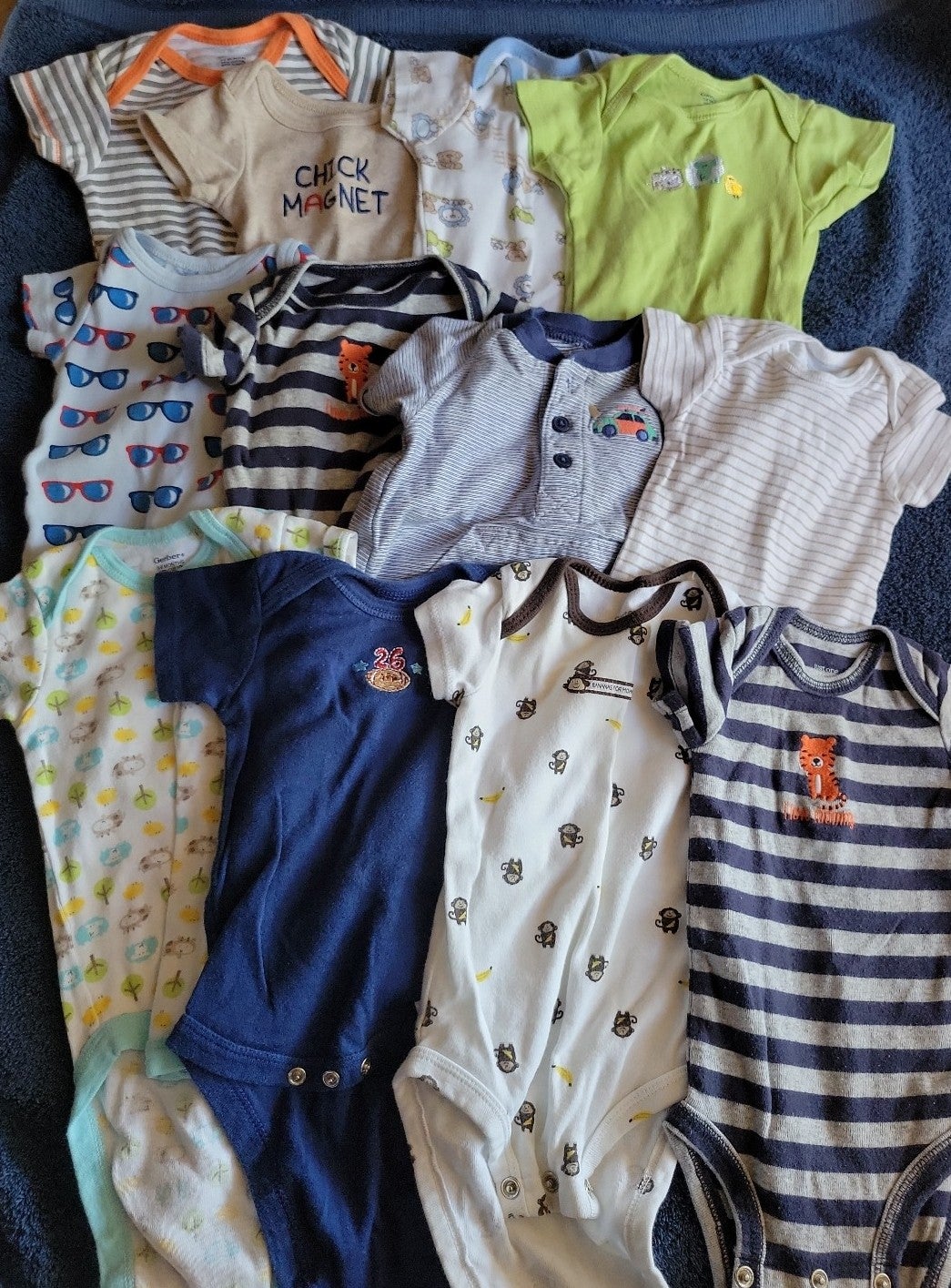 Large lot of 46 baby boy onesies and rompers