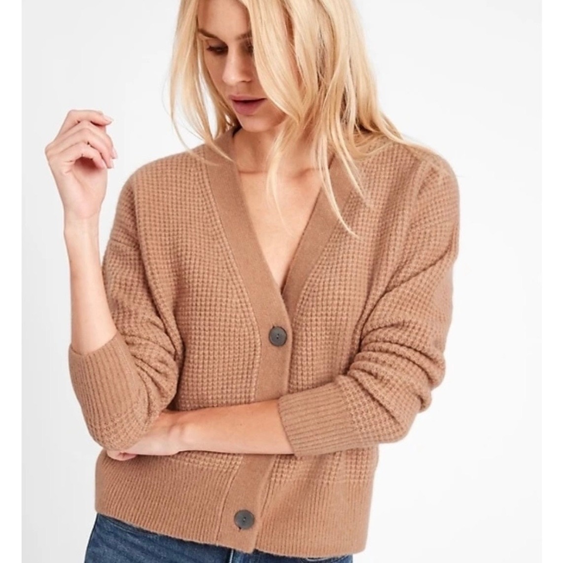 Banana Republic Tan Waffle Knit Wool Blend V-Neck Cardigan