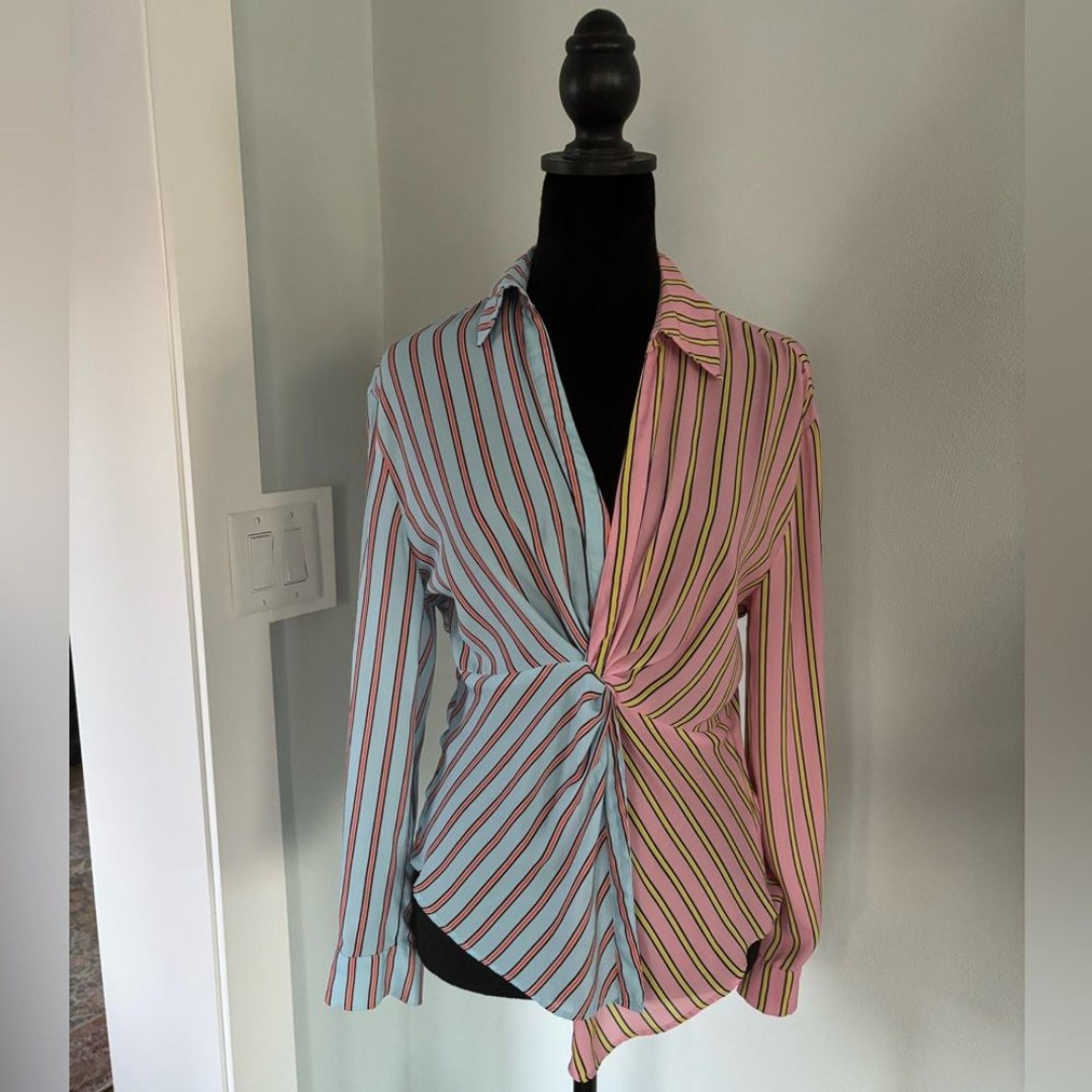 twist front striped long sleeve blouse blue pink XS - Madison Marcus