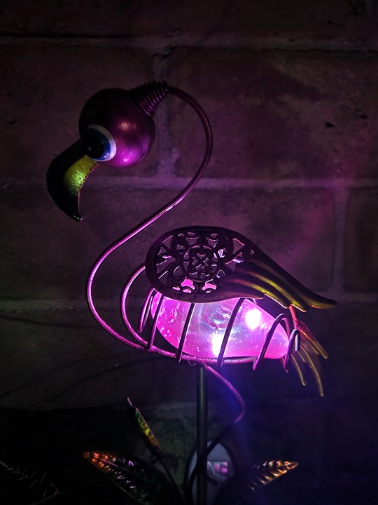 32 H, Hand Blown Glass-Solar Flamingo Stake