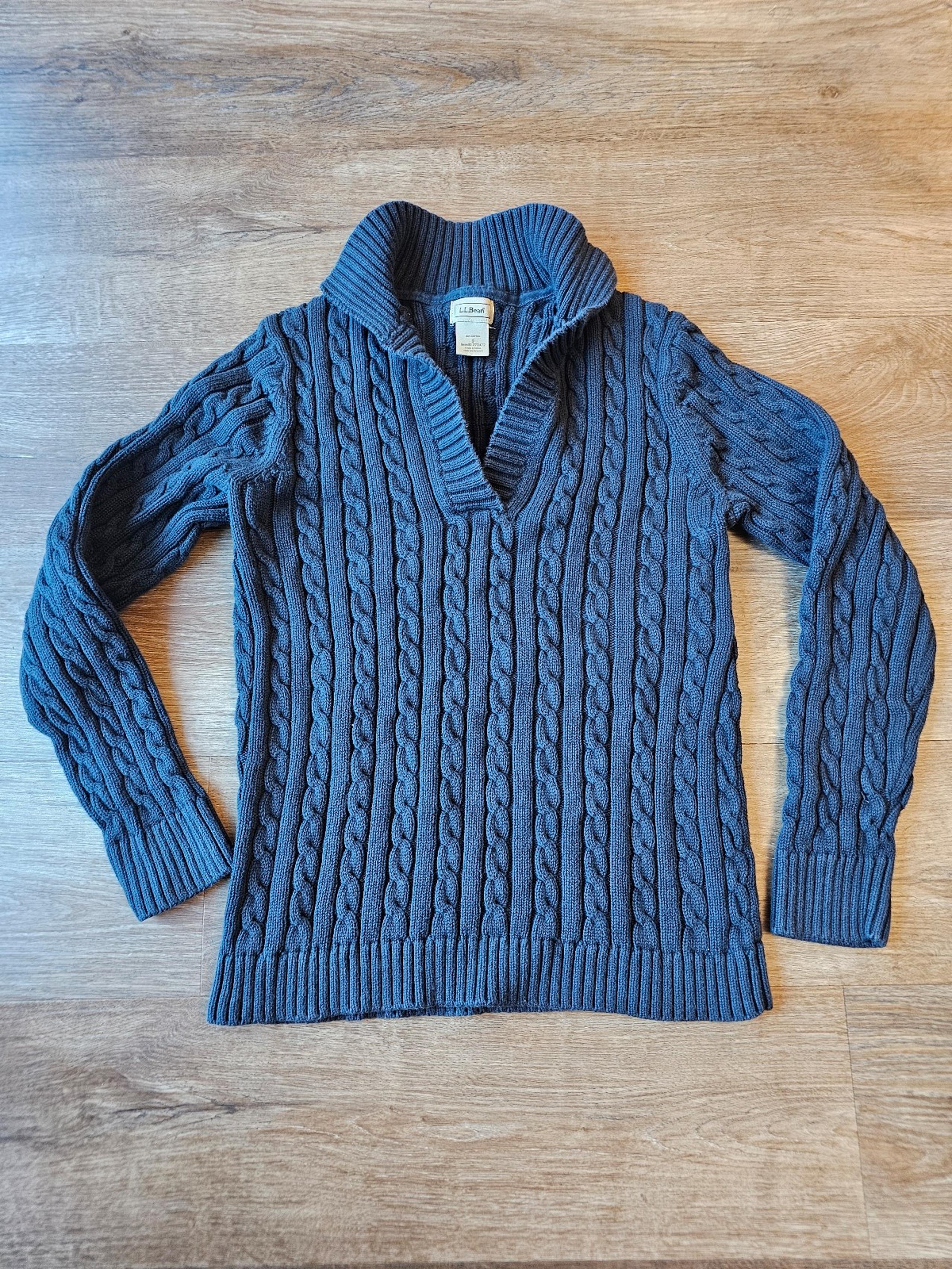 L.L. Bean Women’s Cotton Cableknit Funnelneck Pullover Sweater in Blue Size S