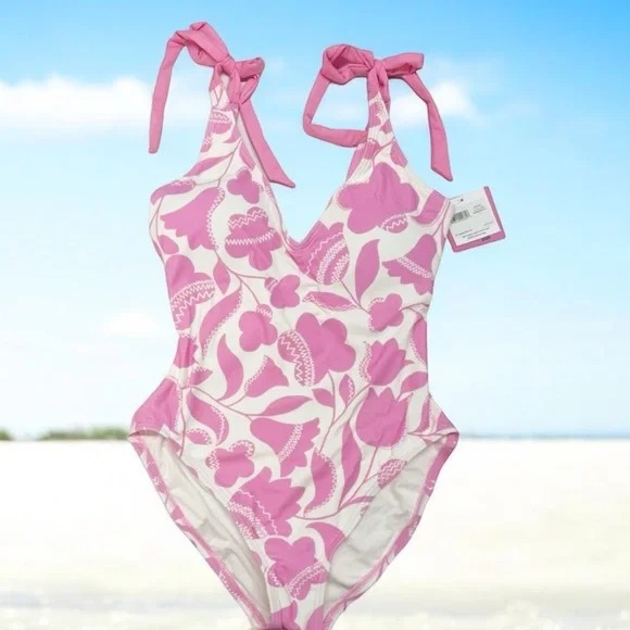NWT 148 Kate Spade Shoulder Bow Tie V-Neck One Piece Swimsuit In Surf Pink M