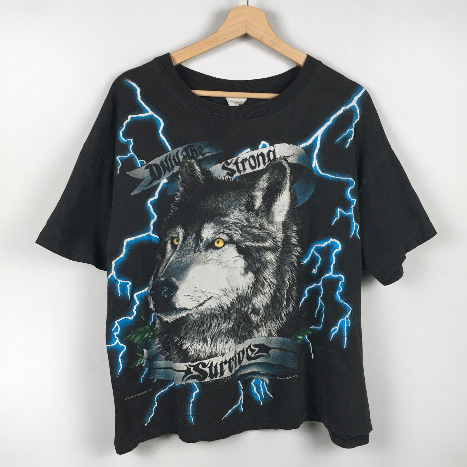 Vintage American Thunder Wolf Only the Strong Survive T Shirt Distressed AOP Tee