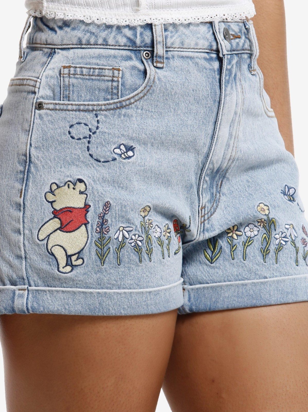 Her Universe Disney Winnie The Pooh Flower Embroidered Denim Mom Shorts, Size 9
