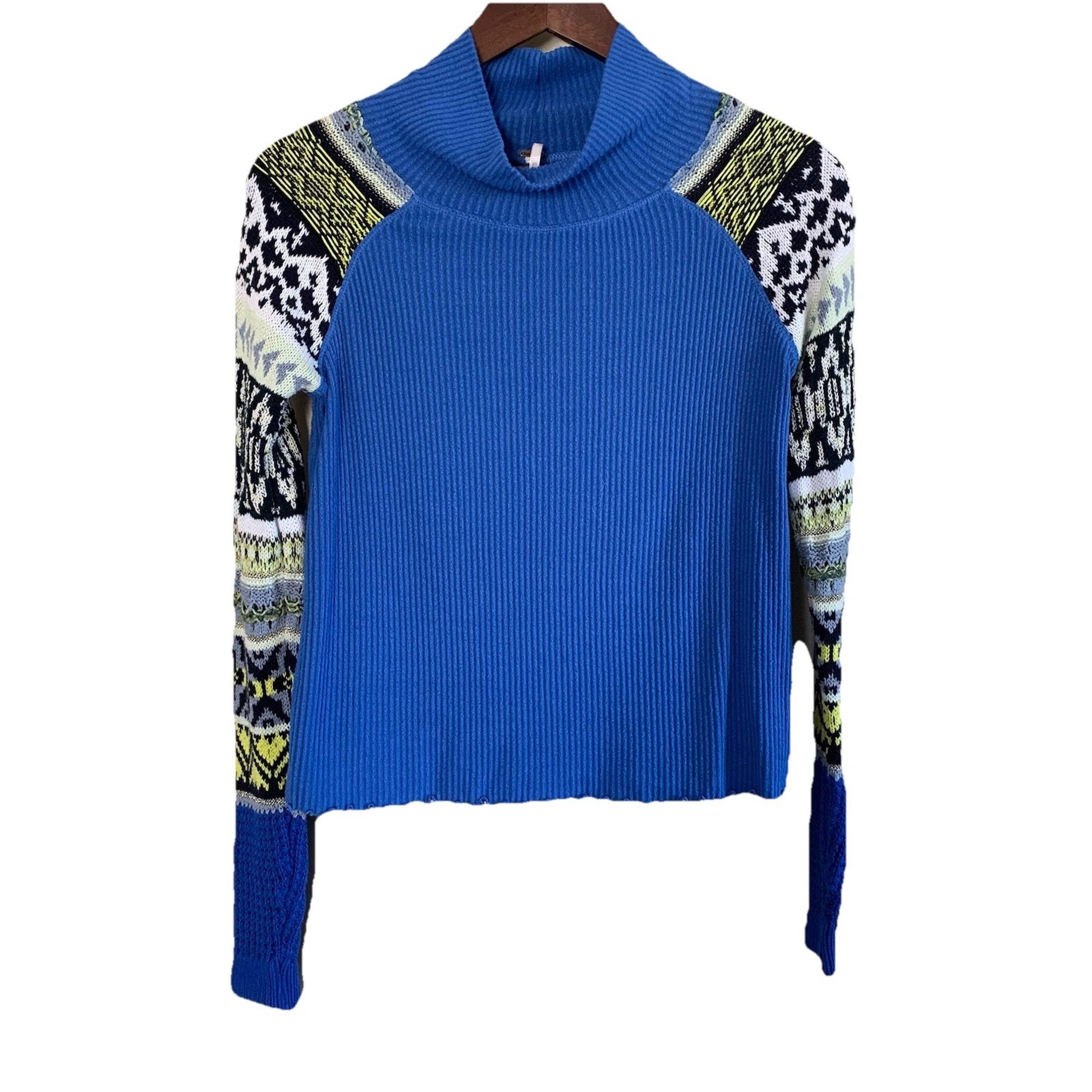 Free People Blue Bell Combo Sweater Women’s XS Ribbed Blue Fair Isle Mock Neck