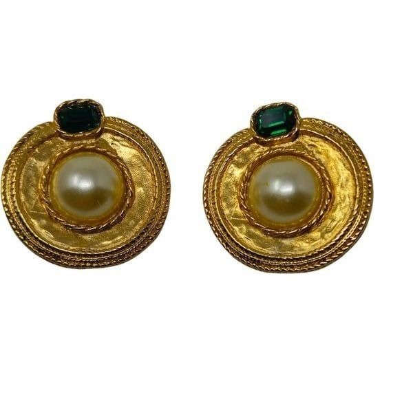 Vintage Gold and Faux Pearl Clip-On Earrings with Green Accent | 1.50