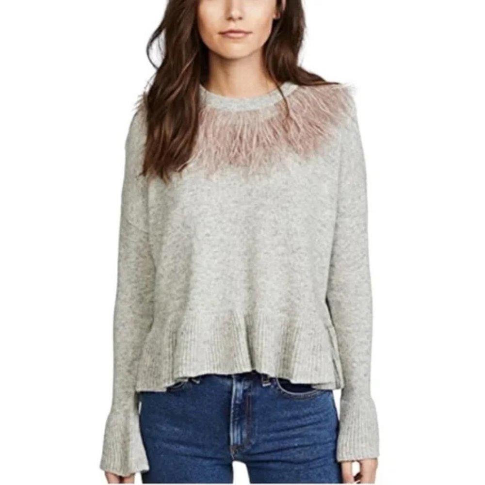 Cinq a Sept Ostrich Fur Wool Pullover Knitted Gray Size XS