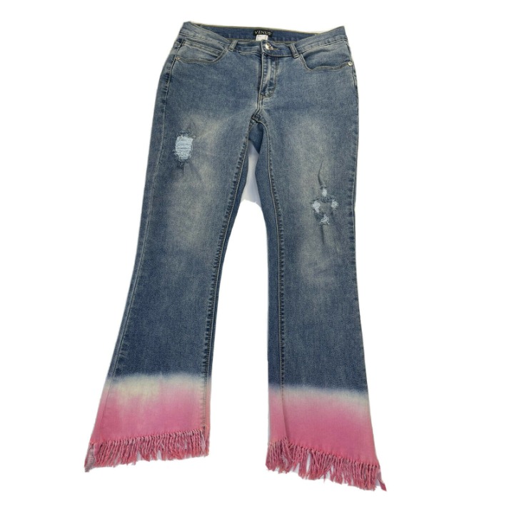 Venus Womens 4 Raw Fringe Hem Die Dye Cropped Denim Blue Jeans