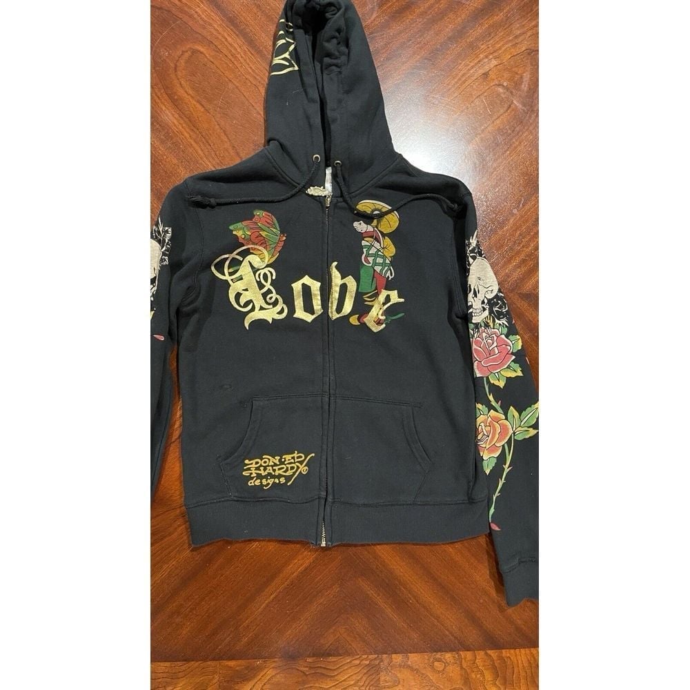 Y2K vintage Don Ed Hardy love womens black hoodie size medium